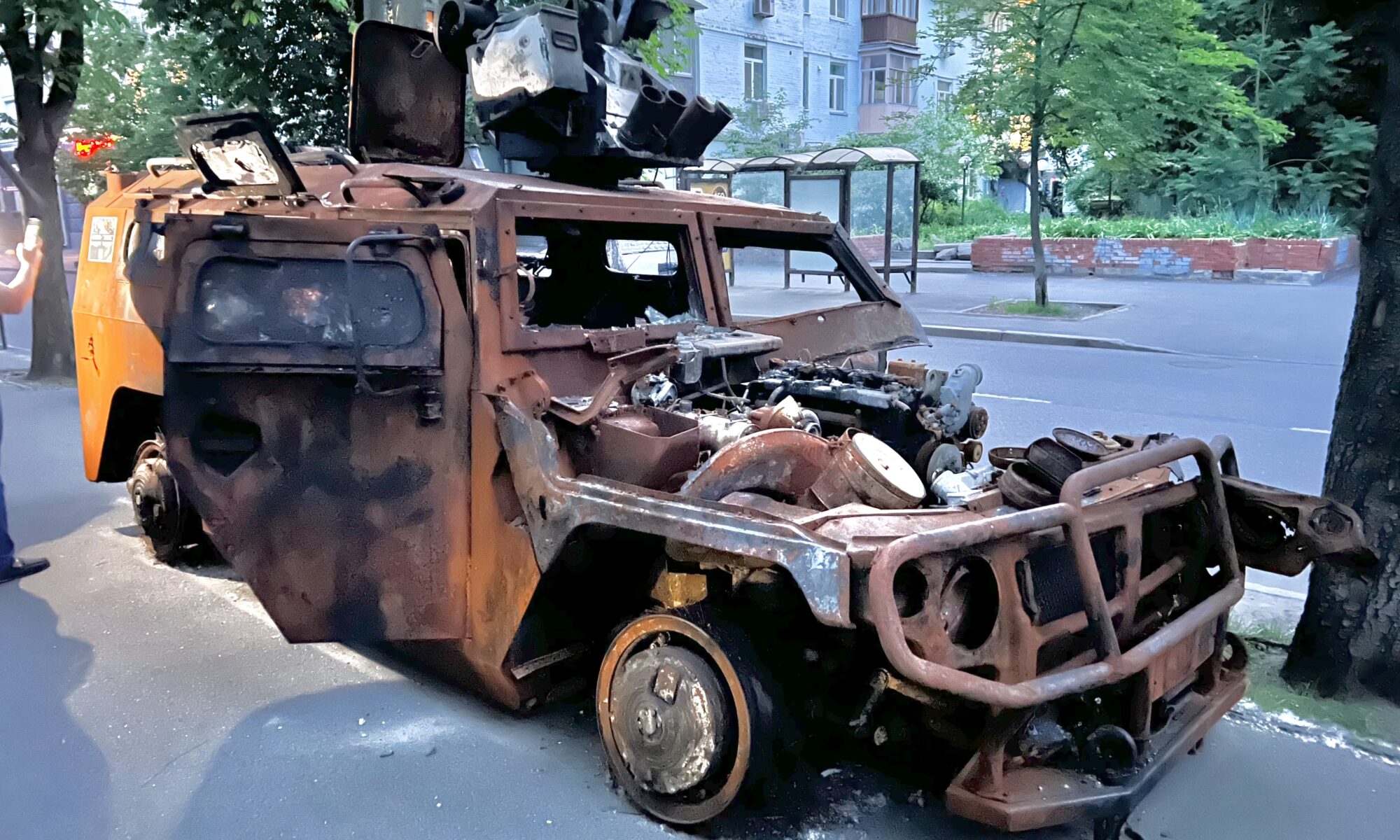 A burned out Russian Army vehicle on display in Kyiv